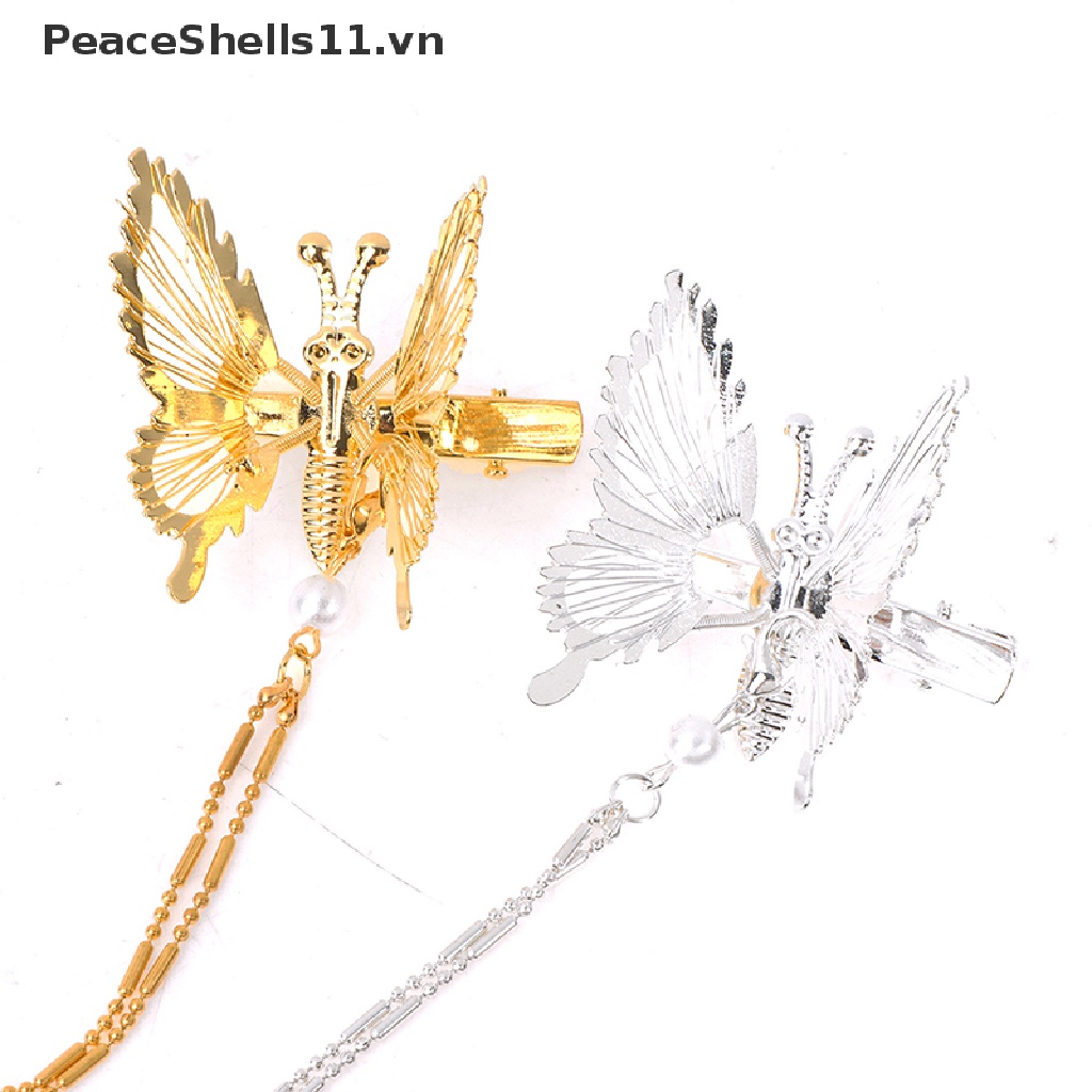 [PeaceShells] Kẹp Tóc Hình Bướm Phong Cách Cổ Điển Phối Tua Rua Bước Lắc