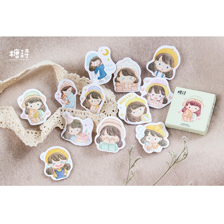 Hộp 45 miếng sticker mẫu cô bé đội nón