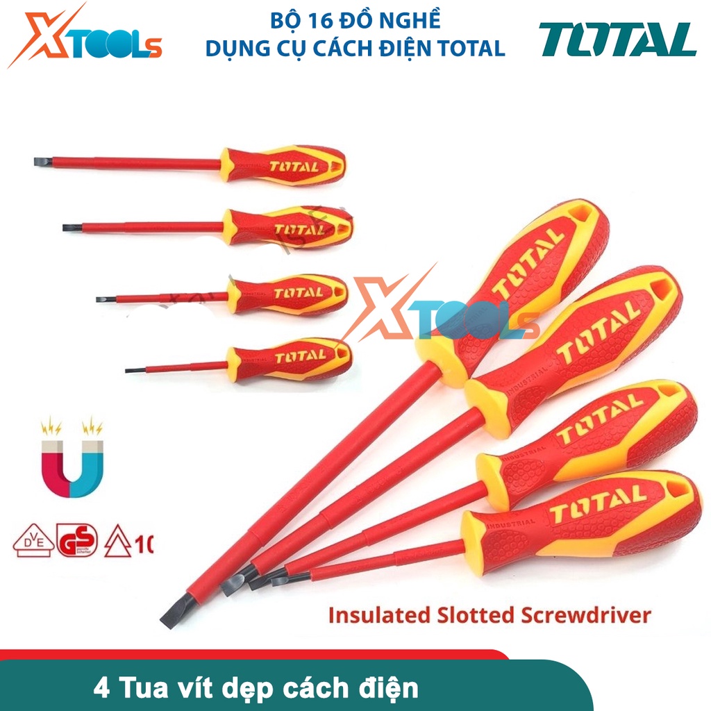 Bộ 16 công cụ dụng cụ cách điện TOTAL THKITH1601, bộ 16 chi tiết cách điện có chứng nhận 1000V, VDE/GS-CHÍNH HÃNG-XTOOLS