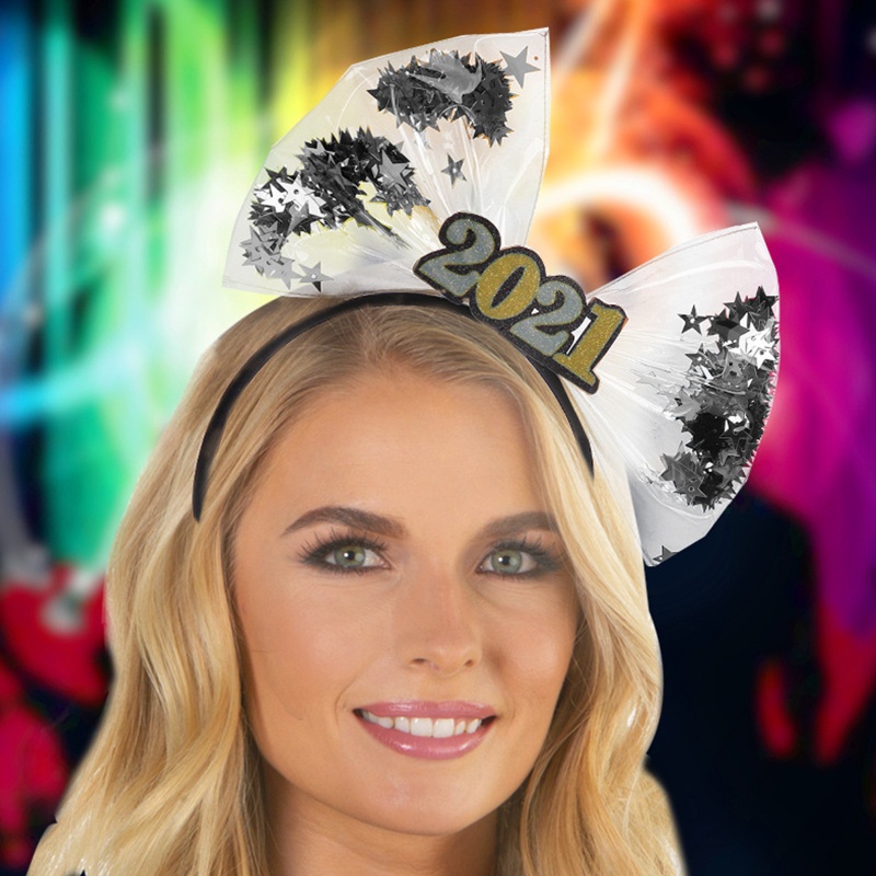 Băng Đô Cài Tóc Co Giãn Bằng Nhựa Đính Kim Tuyến Và Nơ Lớn Năm Mới 2021