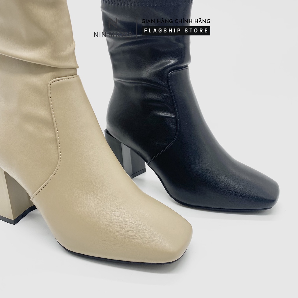 Giày Boot nữ 9p QCCC gót vuông cao cổ kéo khóa sau da si Ninshoes | BigBuy360 - bigbuy360.vn