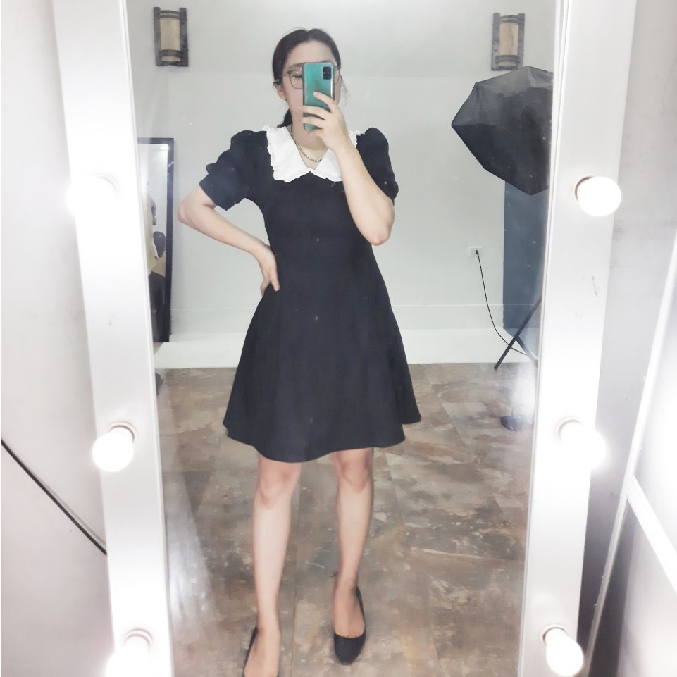 Váy Đen Dáng Ngắn Cổ Bèo Tiểu Thư Vintage Hàn Quốc | BigBuy360 - bigbuy360.vn