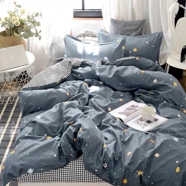 Bộ chăn ga gối vũ trụ xám Cotton Poly nhập khẩu
