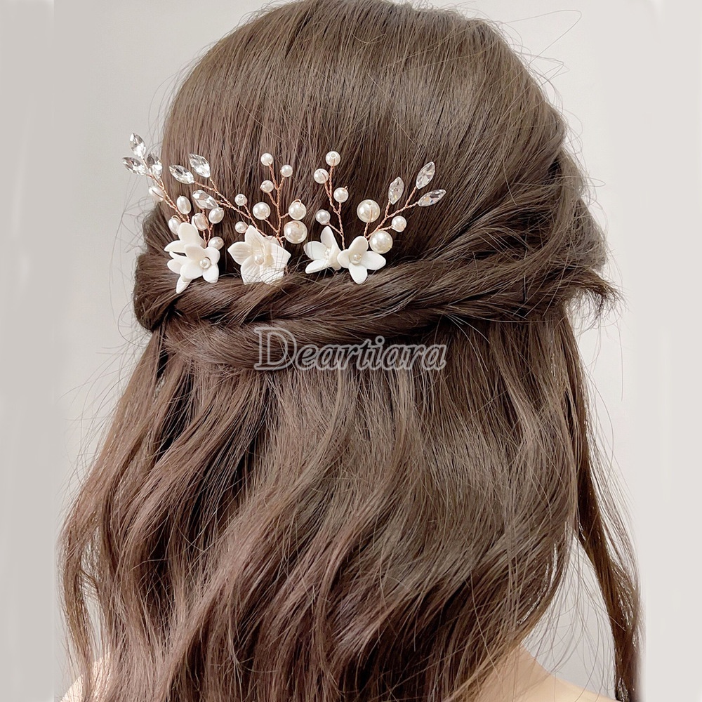 Set 3 Trâm Cài Tóc Chữ U Đính Hoa Trắng Thời Trang Cho Cô Dâu