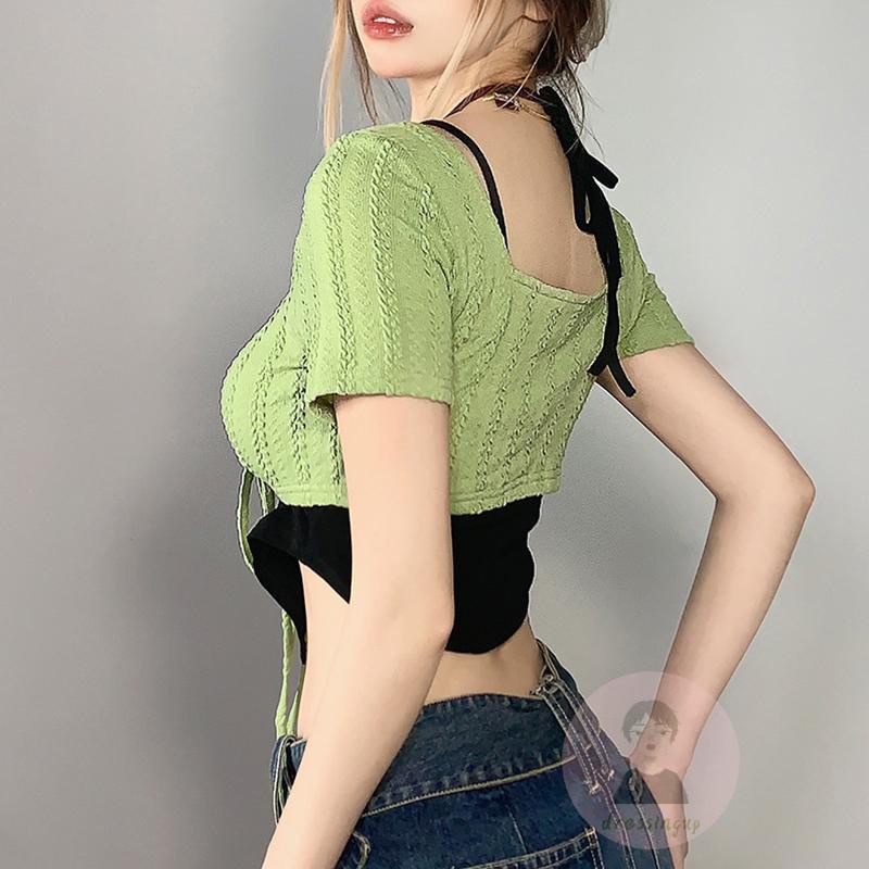 Áo Croptop Hai Dây Màu Đen + Áo Hai Dây Ngắn Tay Phong Cách Mùa Hè Dành Cho Nữ