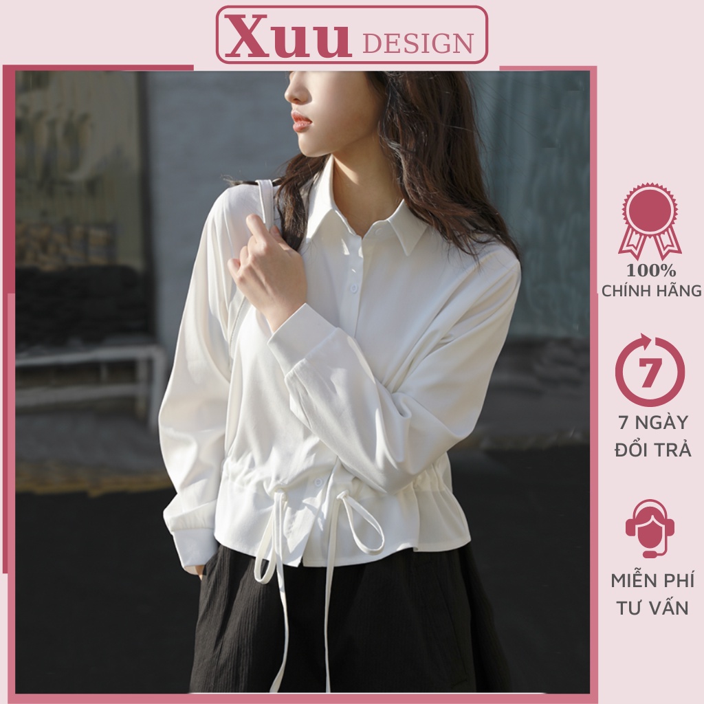 Áo sơ mi croptop Xuu Design, Áo kiểu thắt dây rút eo cá tính chất vải Tơ Ý mềm mại SM17