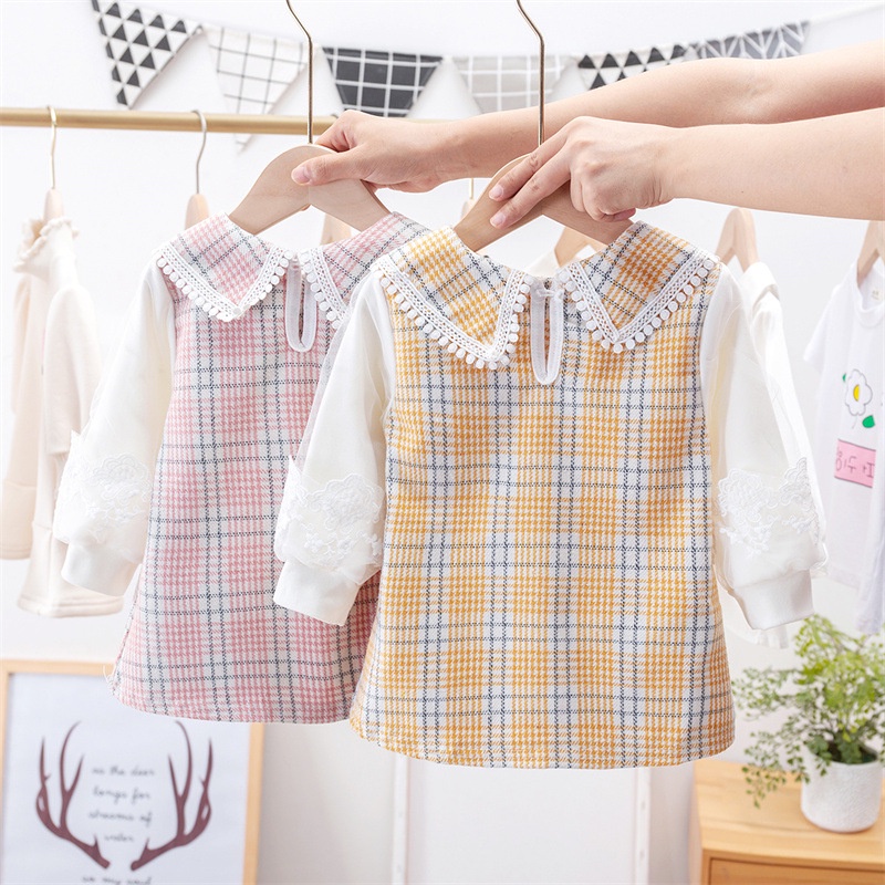 Đầm IELGY bằng cotton tay dài cổ chữ V họa tiết kẻ caro phong cách Hàn Quốc dễ thương cho bé gái