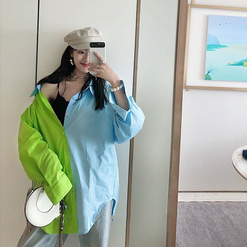 Áo sơ mi IELGY tay dài dáng rộng màu xanh dương + xanh lá tương phản dành cho nữ