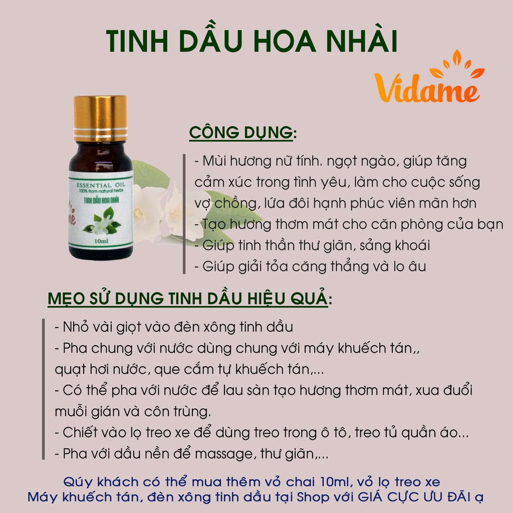 COMBO 2 LỌ 10ML _ Tình Dầu Hoa Nhài VIDAME - Hàng Chính Hãng, Nhập Khẩu Ấn, Hương thơm xông phòng dịu nhẹ, thư giãn