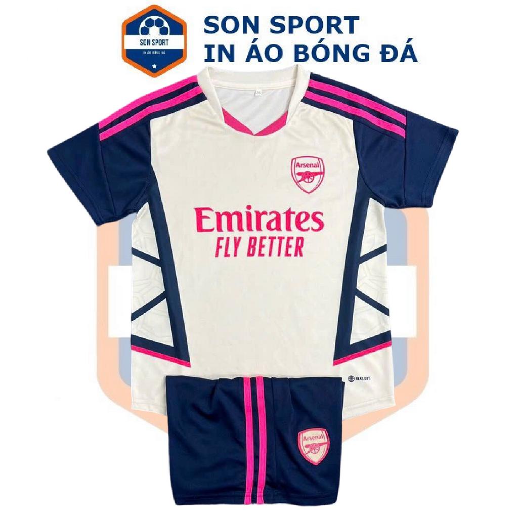 Bộ quần áo đá banh clb Arsenal, áo đá bóng trắng viền hồng mè thái đẹp mắt
