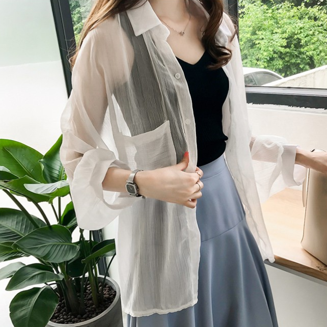 Áo Khoác Sơ Mi Chống Nắng Dáng Rộng Kẻ Sọc Dọc Phong Cách Hàn Quốc