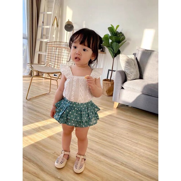 Váy bé gái cánh tiên phối chân váy tầng chấm bi