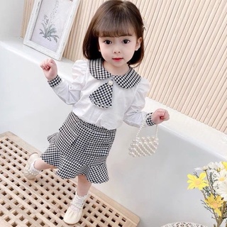 Set áo sơ mi kèm nơ phối cv kẻ bé gái