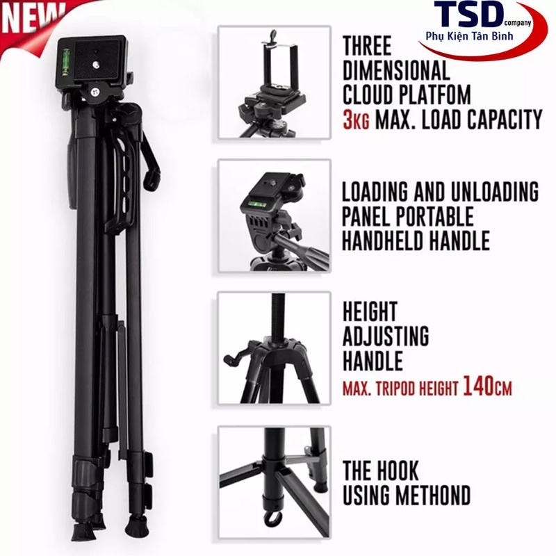 Gậy Tripod 3 Chân 3366 Cho Máy Ảnh, Điện Thoại Chiều Cao Tối Đa 1m50