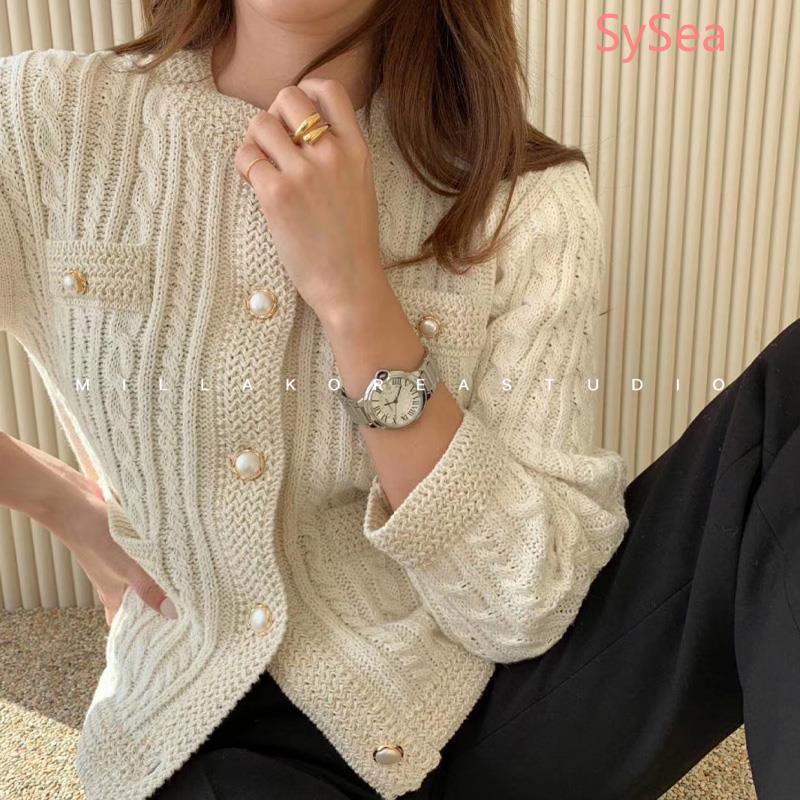 Áo Khoác Cardigan Dệt Kim Tay Dài Phối Nút Ngọc Trai Thanh Lịch
