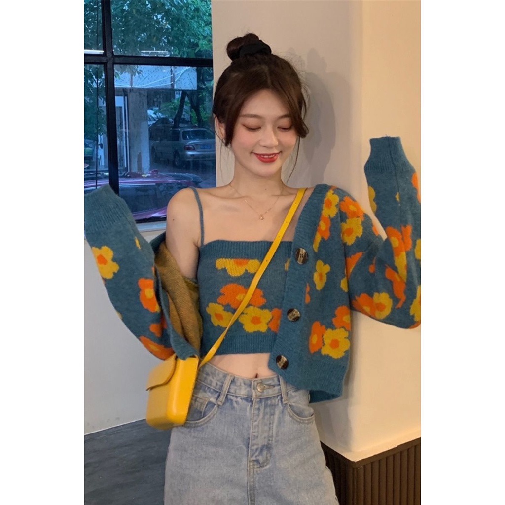 Set Áo Hai Dây Ngắn + Áo Khoác Cardigan Dệt Kim Thời Trang Mùa Thu Phong Cách Hồng Kông Cổ Điển Cho Nữ 2021 | BigBuy360 - bigbuy360.vn