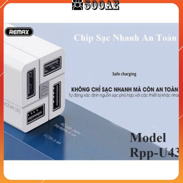 [GIÁ HỦY DIỆT] - Cốc sạc Củ sạc REMAX RP-U43 nhanh 4 cổng CHỐNG CHÁY NỔ 3.4A - SẠC NHANH Quick Charge 3.4A