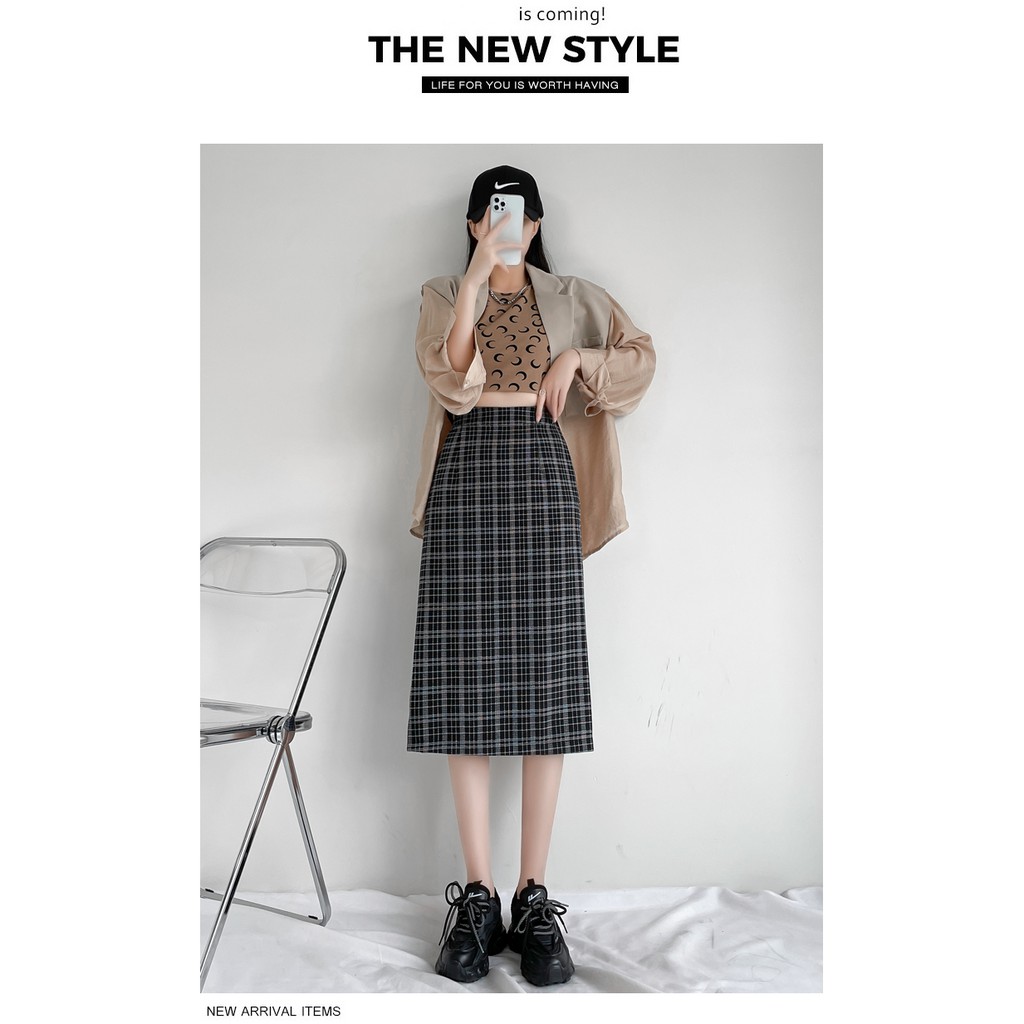 Chân váy dài kẻ ulzzang xẻ tà, chân váy midi lưng cao hoạ tiết sọc caro sogeum.store | BigBuy360 - bigbuy360.vn