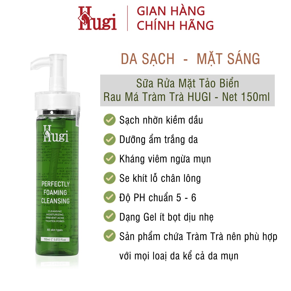 Sữa Rửa Mặt Tảo Biển Rau Má Tràm Trà Gel Ít Bọt Sạch Nhờn Kiềm Dầu Dưỡng Ẩm Trắng Da Ngừa Mụn Chính Hãng HuGiBeauty150ml