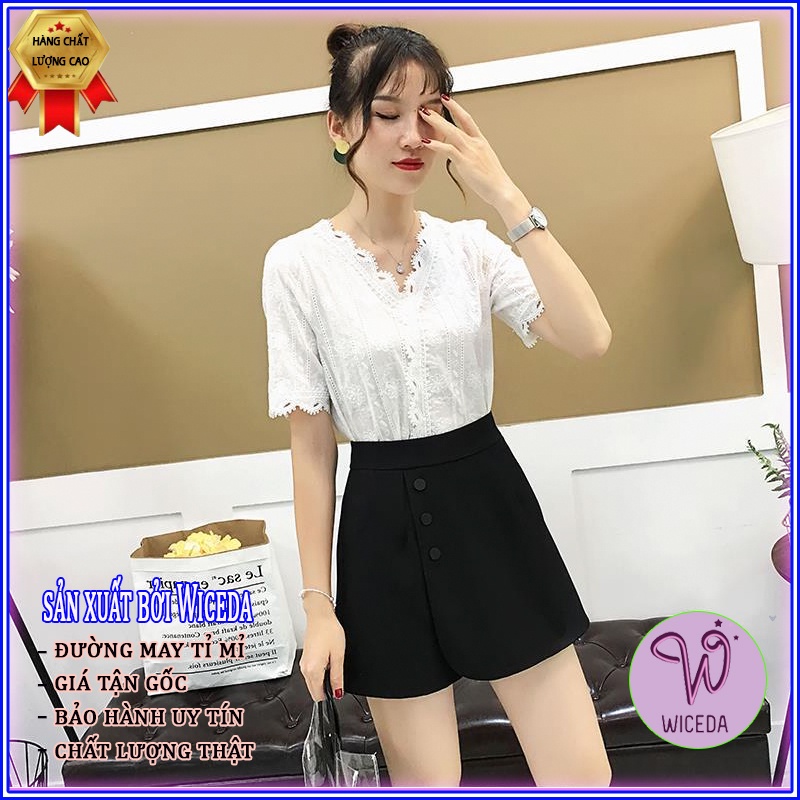Quần giả váy cạp cao nữ Wiceda , quần đùi giả váy chất vải tuyết mưa màu đen dày dặn phối cúc trang trí QGV556