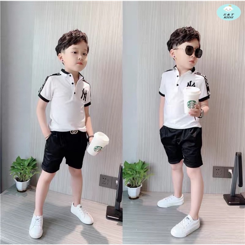 (10-23kg) bộ quần áo bé trai cổ polo phối quần kaki mềm