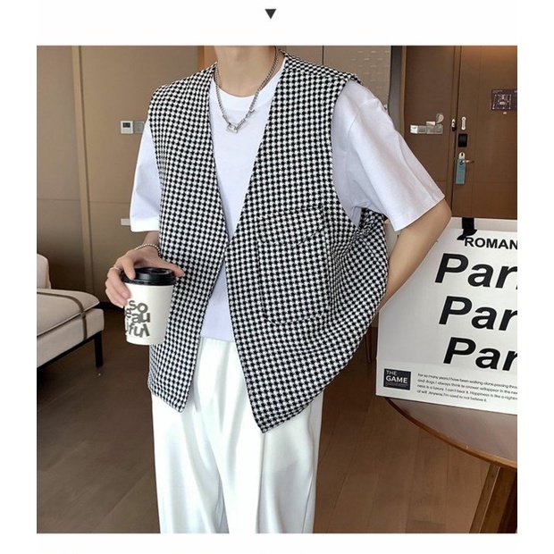 Áo gile unisex chất dạ tweed họa tiết houndstooth túi hộp