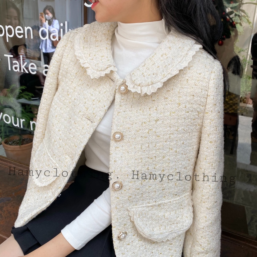 Áo khoác nữ Hamy A-30 dạ Tweed vải dệt dày tự nhiên màu kem viền ngọc đen | BigBuy360 - bigbuy360.vn