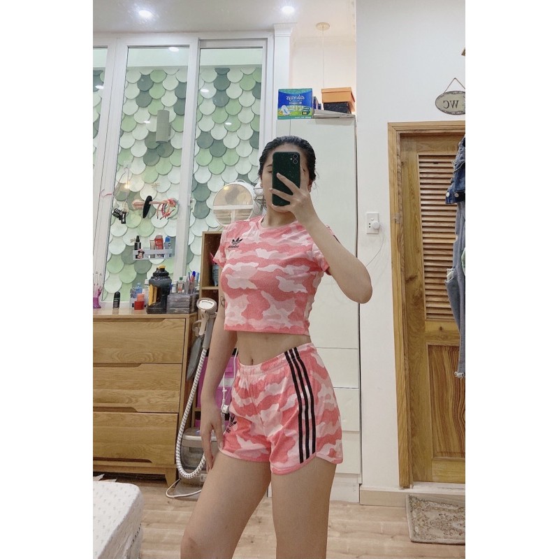 BỘ QUẦN ĐÙI + ÁO CROPTOP VẢI HOẠ TIẾT LẠ ĐẸP, SET THUN TẬP GYM NỮ