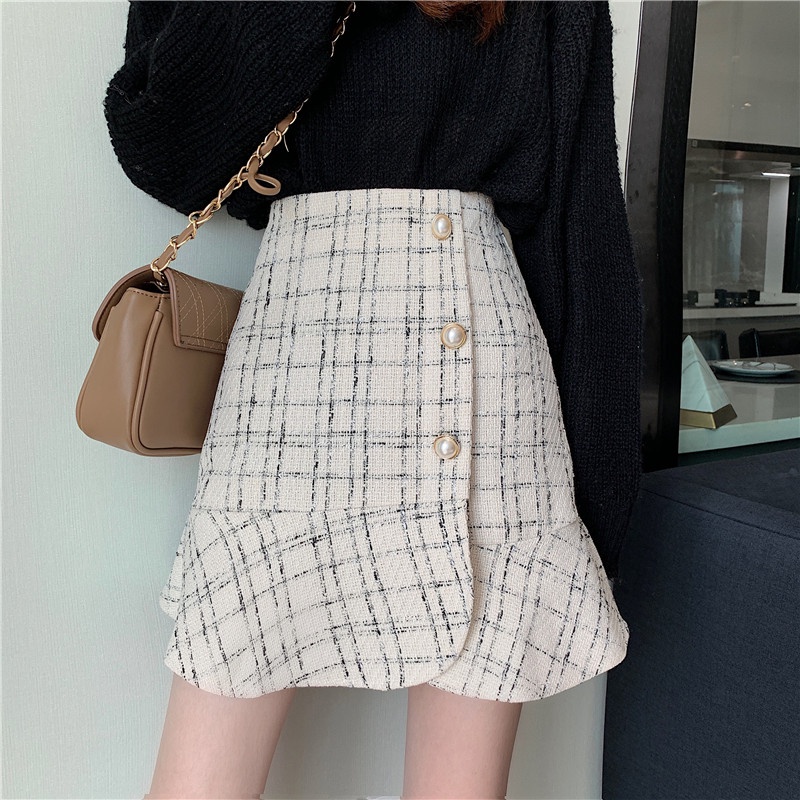 Chân Váy Dạ Tweed Cúc Ngọc Đuôi Cá Cách Điệu Phong Cách Hàn Quốc_ hàng ORDER