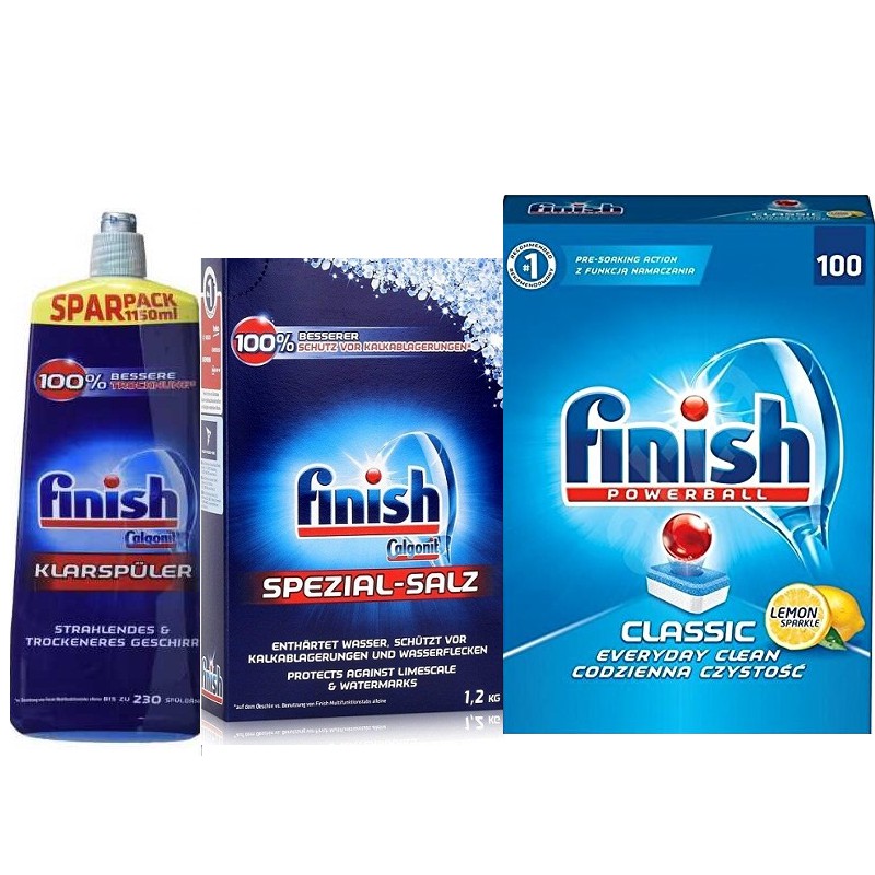 combo hộp 100 viên rửa bát finish ( Đức ) , muối làm mềm nươc và nước làm bóng finish