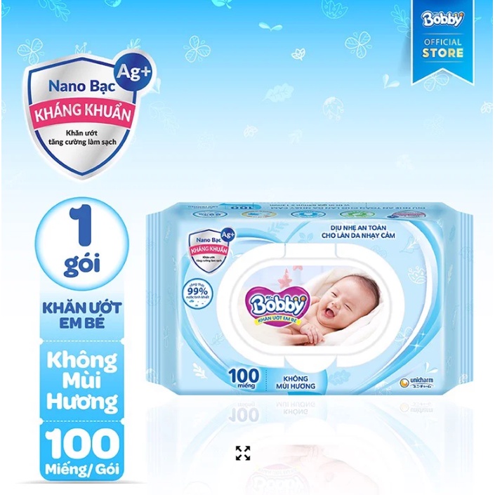 Khăn ướt bobby không mùi 100 miếng