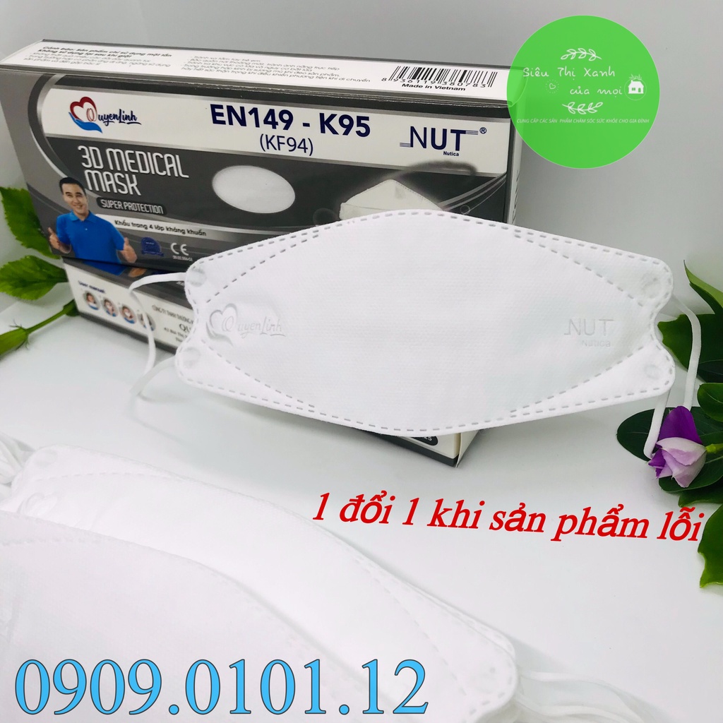 Khẩu trang kf94 Nut Quyền Linh Chi Chính Hãng, 4d mask cao cấp 4 lớp kháng khuẩn nẹp kẽm hộp 10 cái