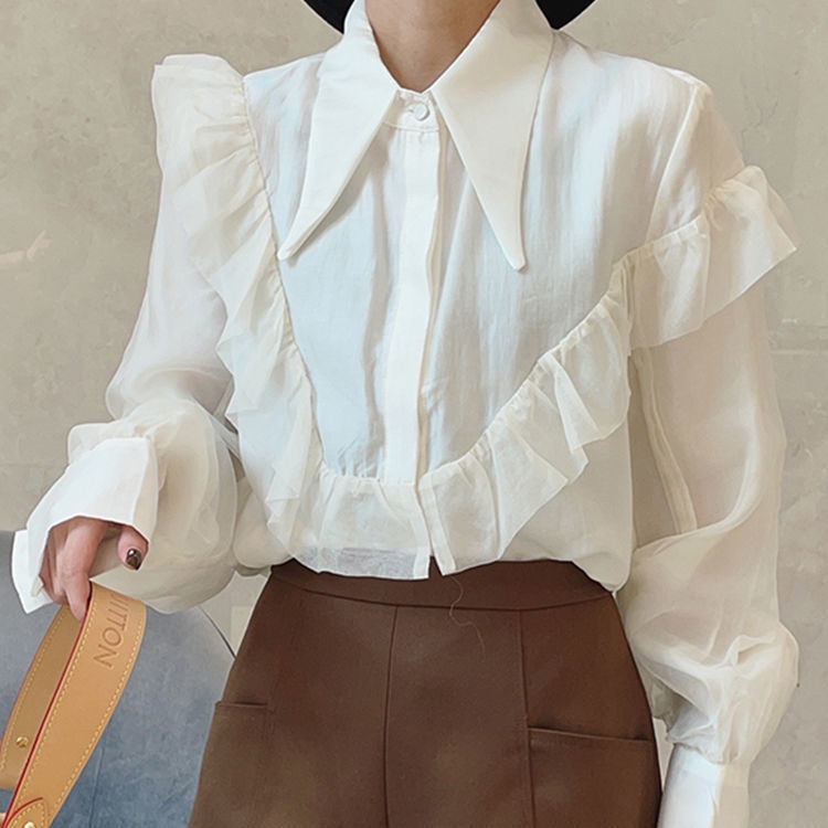 Áo Sơ Mi Tay Dài Viền Lá Sen Thiết Kế Mới Thời Trang Mùa Xuân Dành Cho Nữ