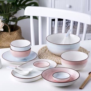 [XẢ KHO] Bát tô sứ, đĩa sứ dài , đĩa sứ tròn trang trí bàn ăn gốm sứ hoa văn xanh hồng- VS375