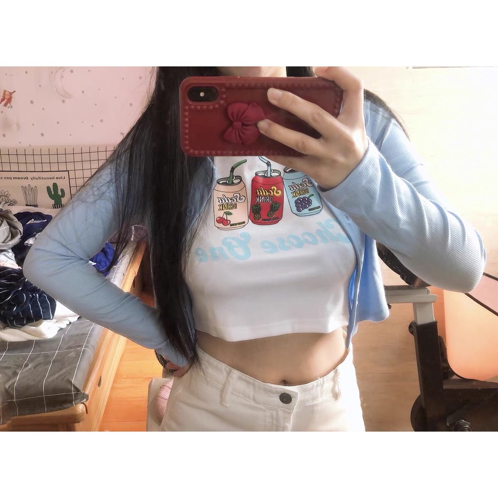 Áo Croptop Tay Dài Phối Nút Ulzzang Chất Vải Thun Gân Ôm Dáng