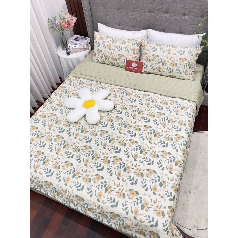 Bộ 5 món chăn ga gối Cotton Living họa tiết Vintage cao cấp, Chăn ga gối chất cotton 100% bền đẹp mềm mịn