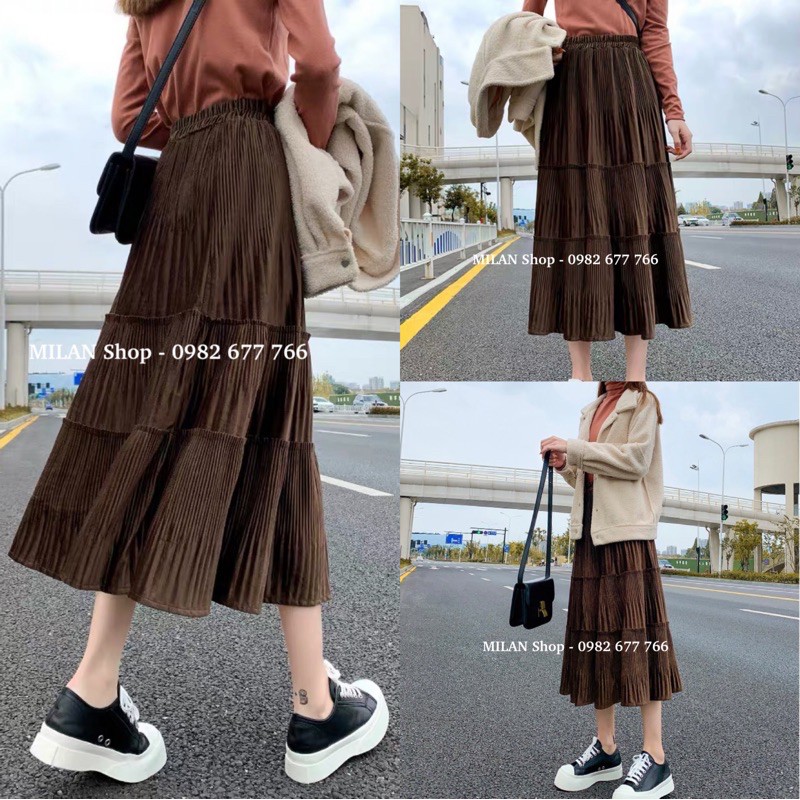 Chân váy nhung xoè dập ly midi 2 chất mới