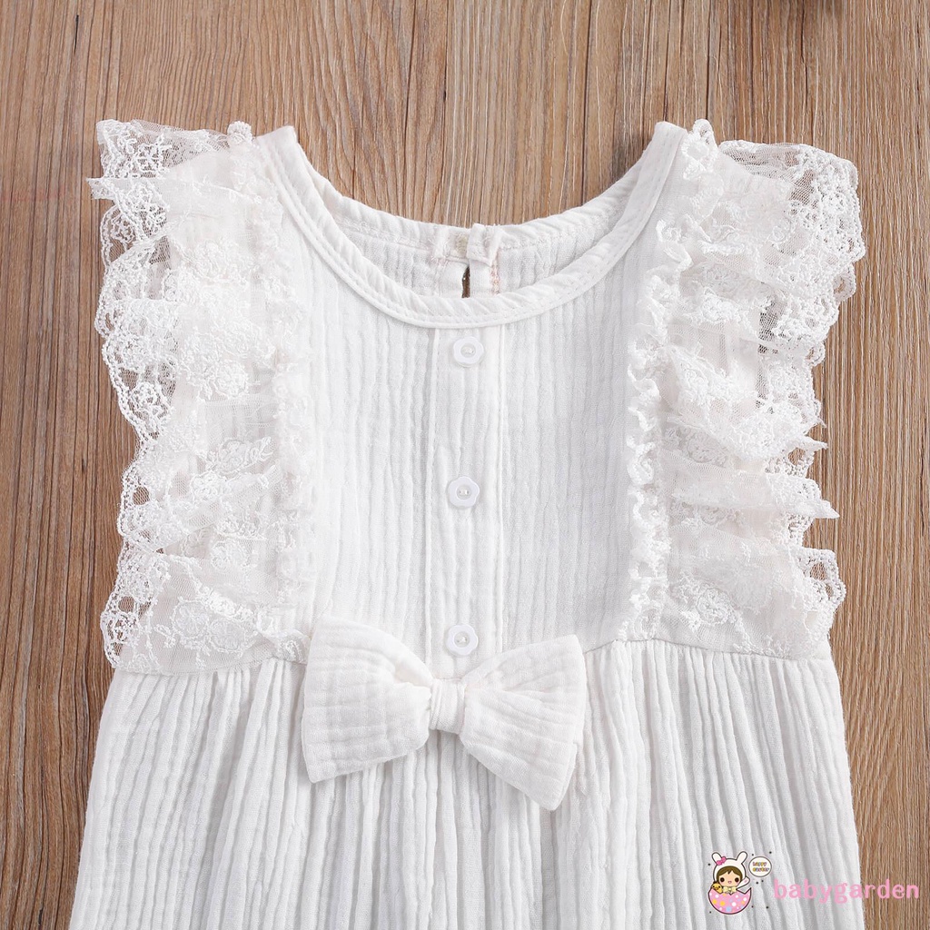 Bộ áo liền quần cổ tròn sát nách ren hoa kèm băng đô cho bé gái