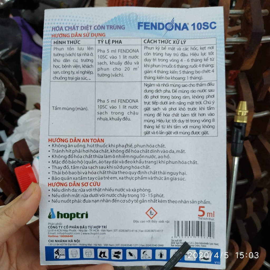 Hóa chất diệt côn trùng sinh học Fendona 10sc - thuốc ĐỨC, loại 5ml