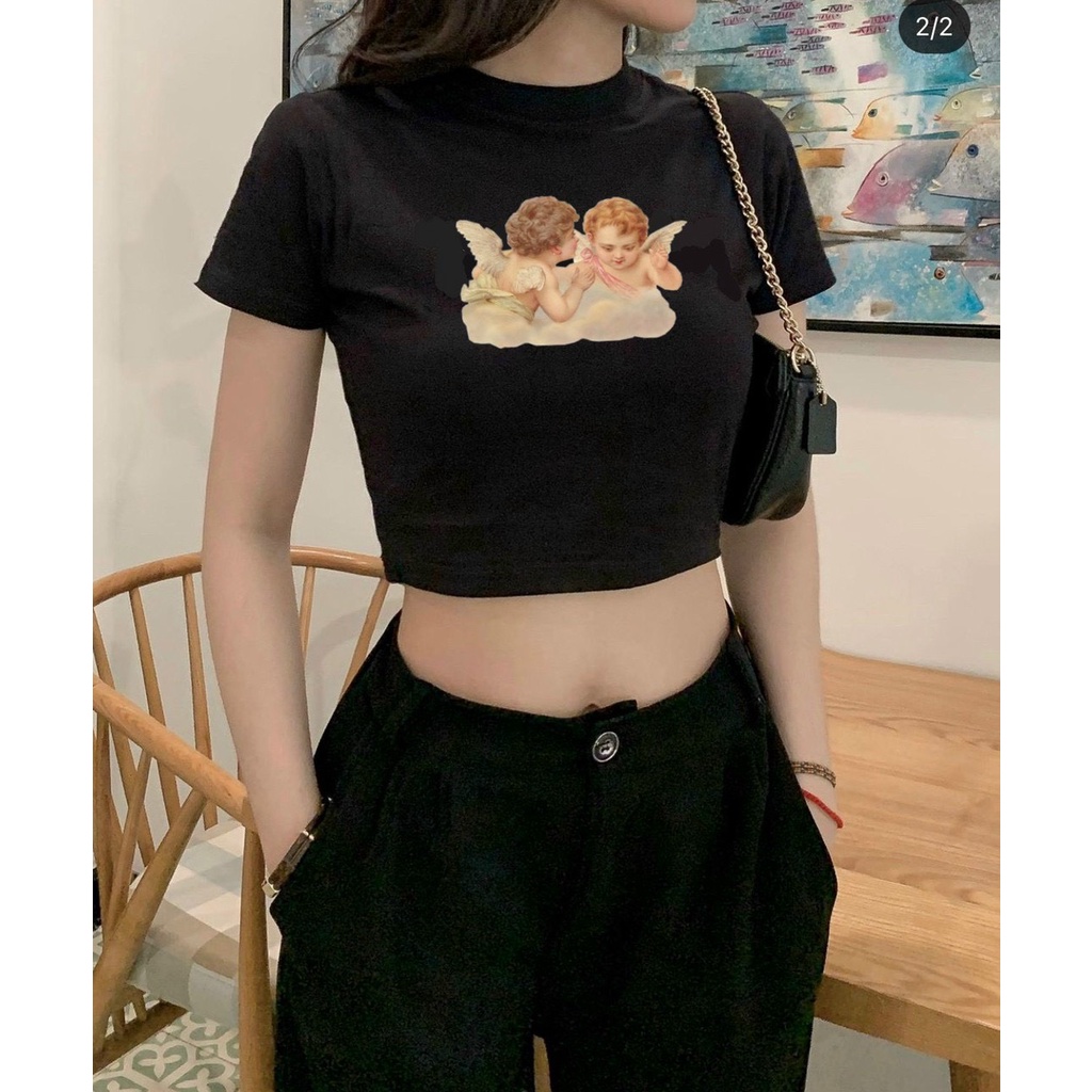 áo croptop thun lụa tay ngắn in 3d thiên thần xinh na