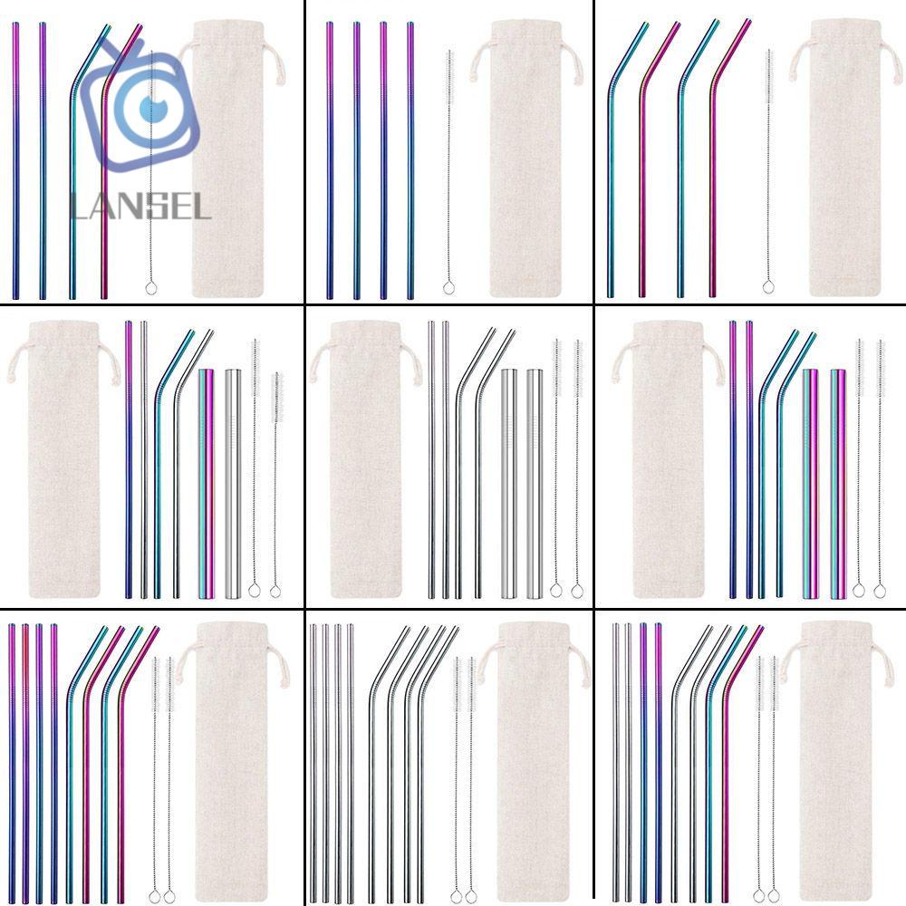 Set 4/6/8 Ống Hút Bằng Thép Không Gỉ Có Thể Tái Sử Dụng Kèm Cọ Vệ Sinh