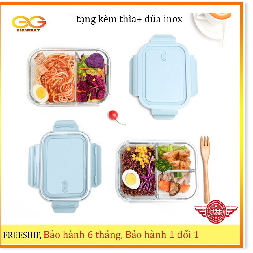Hộp cơm trưa bằng thủy tinh chịu nhiệt chia ngăn Nhật Bản, có 4 khóa đóng kín, van xả hơi - Tằng kèm thìa và đũa inox