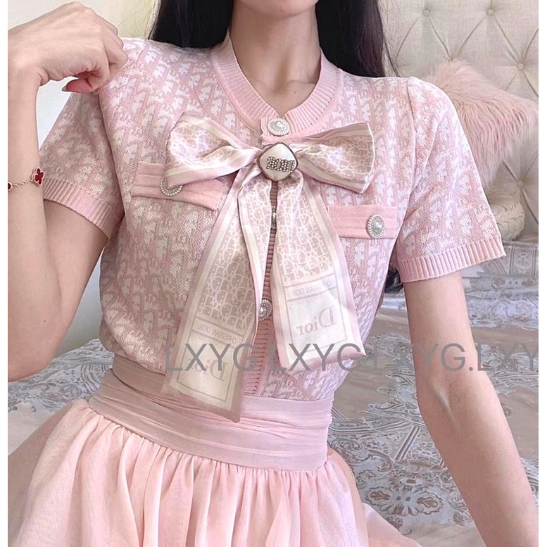 Áo len dệt kim hoạ tiết mix nơ lụa CD