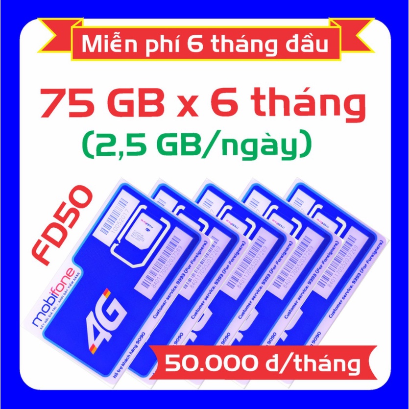 ⭐️ Sim 4G MobiFone trọn gói 6 tháng FD50 data 75 GB/tháng (2,5 GB/ngày)