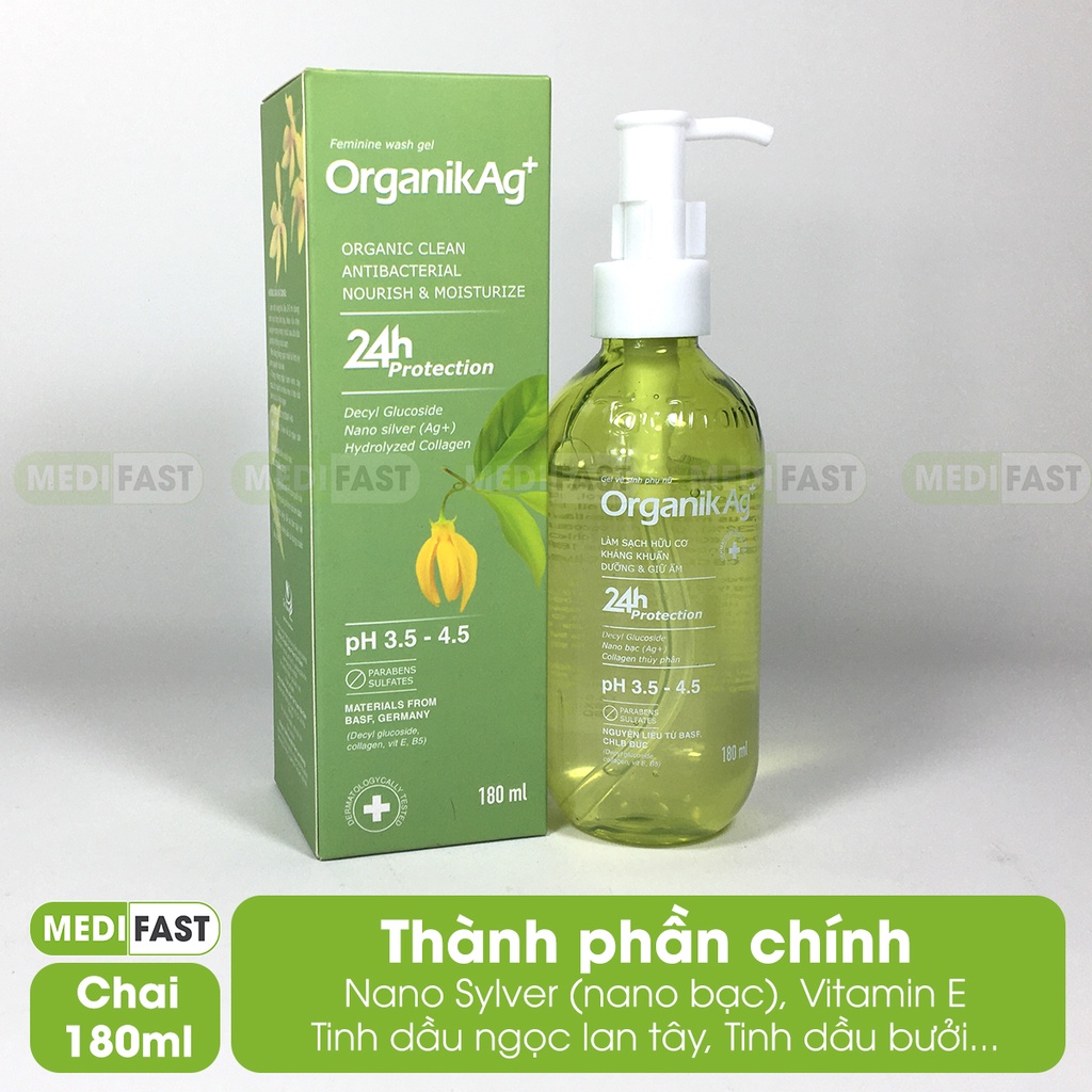 Dung dịch vệ sinh Organik Ag+ - Gel vệ sinh phụ nữ giúp làm sạch, kháng khuẩn và dưỡng ẩm - Chai 180ml