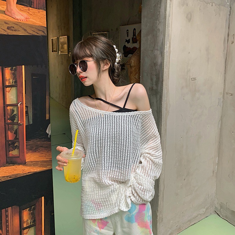 Áo len lưới dệt kim mỏng nhẹ form rộng xuyên thấu trễ vai gợi cảm điệu đà