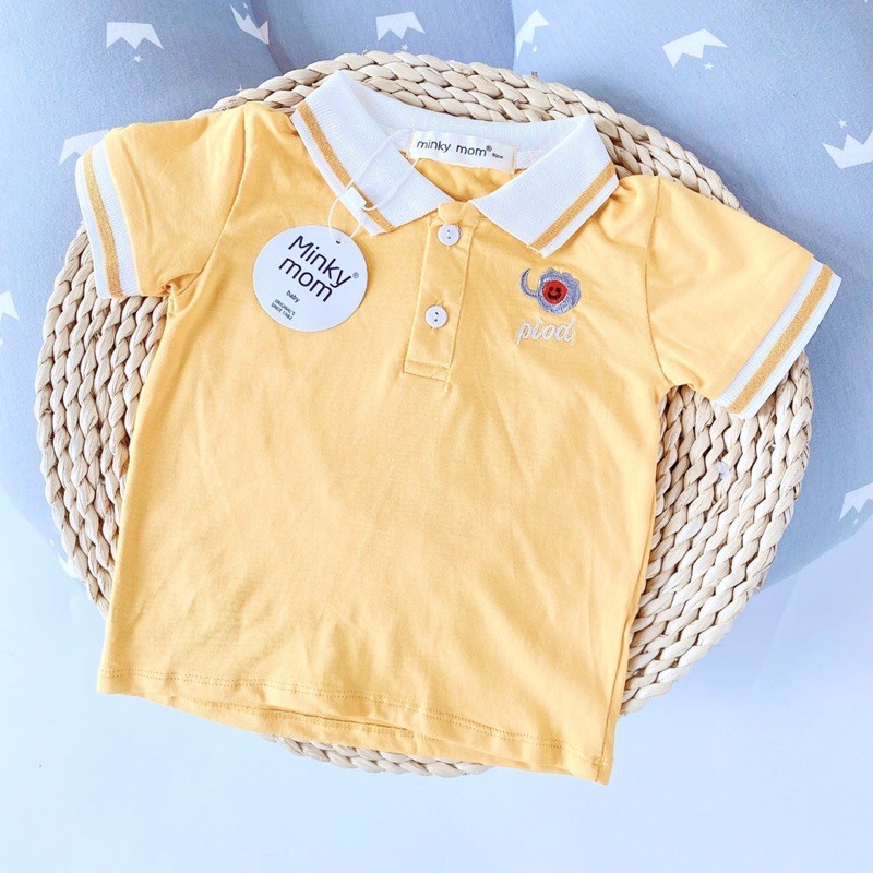 Áo Phông cộc tay cổ trụ Minky Mom thêu họa tiết động vật cho bé từ 7-19kg