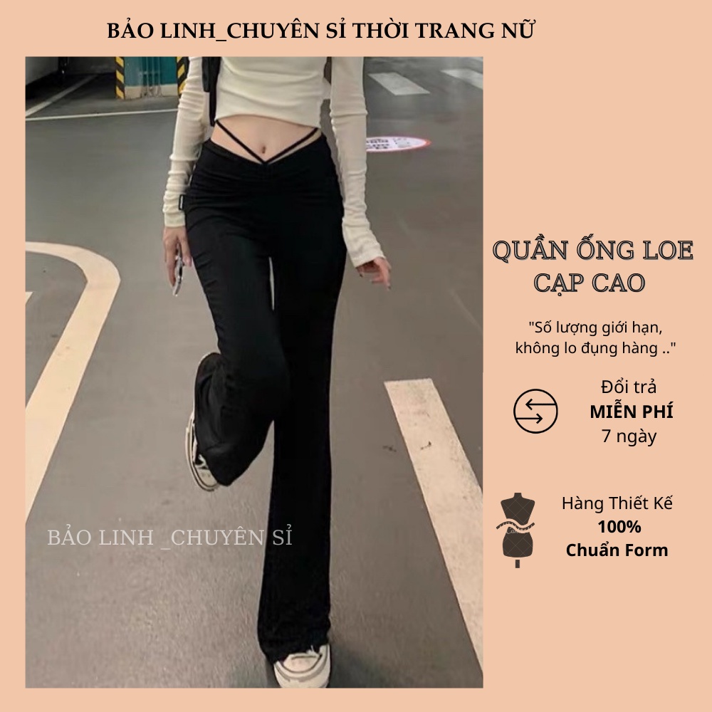 Quần Ống Loe Đen Nữ Lưng Cao Dáng Dài Dây Buộc Eo Chất Thun Siêu Tôn Dáng