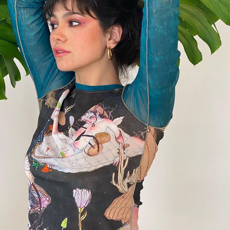 DUNEA Áo thun tay dài phối lưới in họa tiết xinh xắn thời trang cho nữ