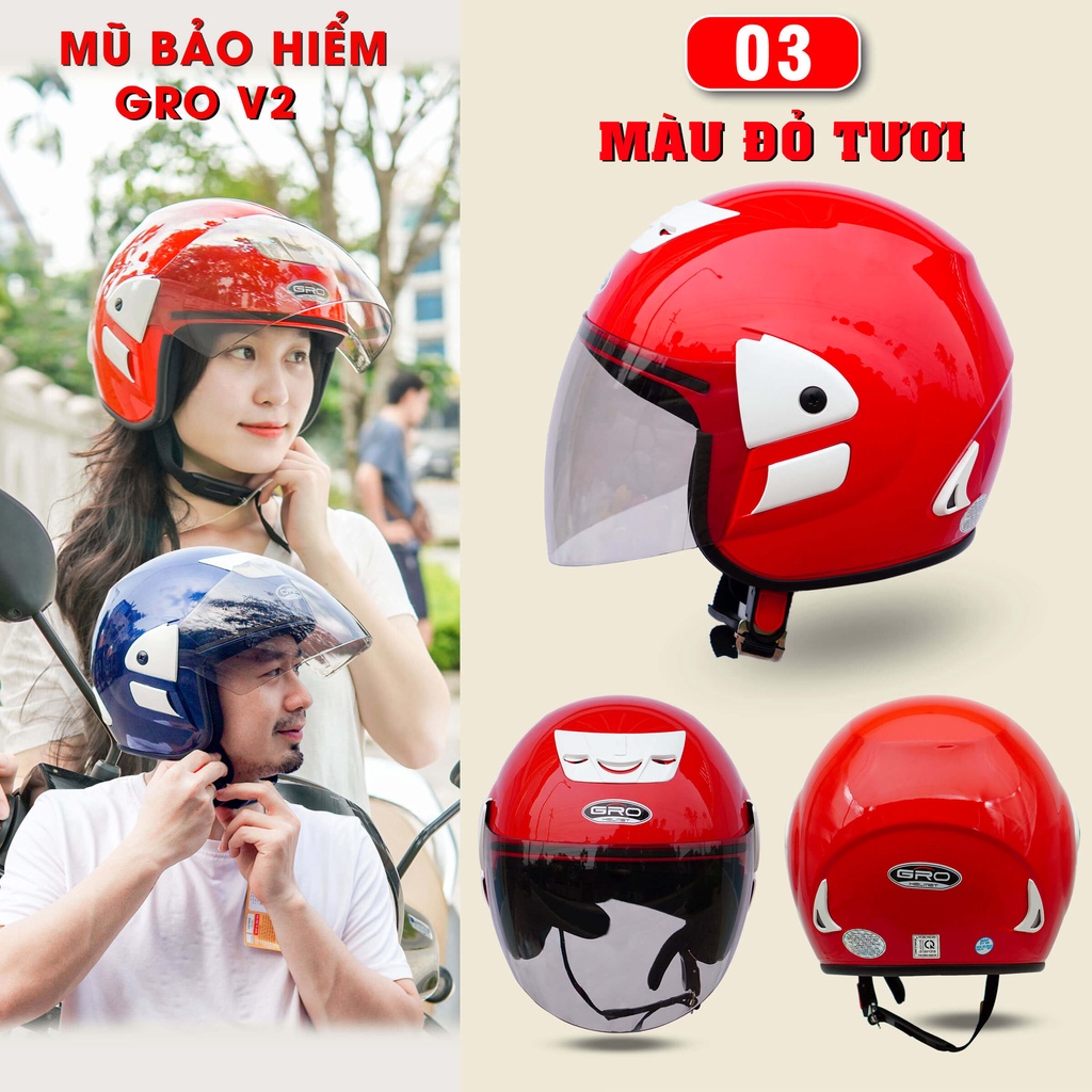 Mũ Bảo Hiểm 3/4 đầu Gro Helmet V2 có kính, kiểu dáng Honda trẻ trung cho nam và nữ, khóa kim loại chắc chắn - Nhiều màu